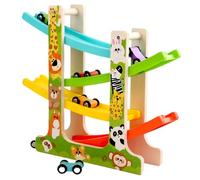 Generic Wooden Car Ramp Toy with 6 Mini Cars 4 Level Race Track Reusable Gliding Toy Set Children Early Learning Game Set