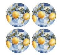 Generic Yellow Lemon Print Drinks Round Coaster With Cork Base,Set Of 4 Coasters,Tabletop Protection Mat For Mugs And Cups