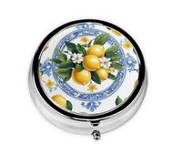 Generic Yellow Lemon Print Round Pill Box-3 Compartment Small Pill Case for Purse & Pocket Mini Metal Pill Holder Travel Pill Container