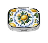 Generic Yellow Lemon Print Square Pill Box-2 Compartment for Purse & Pocket Mini Metal Pill Holder Travel Pill Container