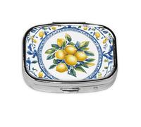 Generic Yellow Lemon Print Square Pill Box-2 Compartment for Purse & Pocket Mini Metal Pill Holder Travel Pill Container