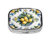 Generic Yellow Lemon Print Square Pill Box-2 Compartment for Purse & Pocket Mini Metal Pill Holder Travel Pill Container