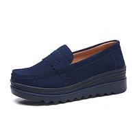 Generic11 Ladies Platform Shoes Solid Color Light Slip-On Moccasins Wearable Comfort Low Top Suede Leather Loafers for Daily Work Blue