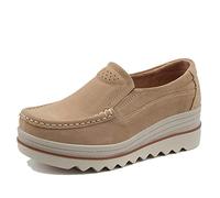 Generic11 Ladies Platform Shoes Solid Color Light Slip-On Moccasins Wearable Comfort Low Top Suede Leather Loafers for Daily Work Apricot