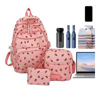 Genérico 3 Pieces Strawberry Backpack for Girl Large Capacity Waterproof Backpack Set for School with Pens and Purse Adjustable Strap for Nursery School Daily Excursions, pink, Consulte la descripción