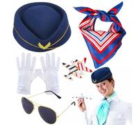 Generico Attendant Hat: 7 Piece Hostess Costume Set, Vintage Striped Scarf and Cap, Retro Cosplay Kit for Cabin Crew with Gloves and Airplane Pin, Dress