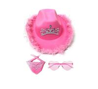 Genérico Cowgirl-Hut Aus Filz In Leuchtenden Farben Für Damen | Attraktives Partyzubehör Aus Polyester Mit Quadratischem Schal Und Herz-Brillen-Set Für Männer, Frauen, Mädchen, Frauen, | Cowboyhut