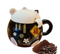 Generico Cute Ceramic with Lid and Spoon - For Cappuccino, Coffee, Tea, Cat Themed Milk | Fun Heat Resistant Glasses for Juices, Beer, Milk, Kitchen, Caff