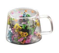 Genérico Double-walled glass coffee cups, insulated transparent design, floral pattern, borosilicate material, heat-resistant construction, 250 ml, for milk