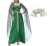 Genérico Egyptian Goddess Costume Medusa Greek Carnival Costume with Snake Headband Halloween Dress Cospaly NINFA Dress Fairytale Forest Costume, W, Green, XL