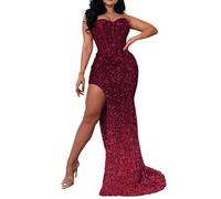Genérico Evening Dress for Women Long Neckline Off The Shoulder Elegant Shiny Sequins Long Dress with Glitter Slit Festive Gala Dresses for Wedding Guest, Wine, L