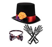 Generico For Men's Costumes-Floral Hat, Non-Woven 30 x 25 x 12 cm, Skeleton Gloves Set, Adjustable Bow Tie | Halloween Cosplay, Day Of The Dead, Men's Costume, Party Accessory, Fe