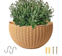 Generico Half Moon Vase - Rustic Hanging Planter in Faux Rattan with Hooks, Planter without Holes, for Small Green Flowers for Indoor Outdoor Garden Balcony Railing Sill