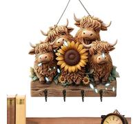Genérico Highland Cow Key Holder - Wooden Wall Mount Shelf 25x23cm | Rustic Organizer with 4 Hooks, Storage, Farmhouse Decor, Head Hanger