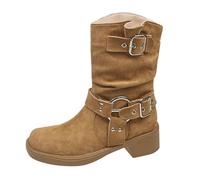 Generico Knee High Boots Women Narrow Calf Long Barrel Barrel Brown Square Head Cowboy Boots Womens New Spring Autumn Short Knee Long Metal Leather Buckle High