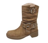 Generico Knee High Boots Women Narrow Calf Long Barrel Barrel Brown Square Head Cowboy Boots Womens New Spring Autumn Short Knee Long Metal Leather Buckle High