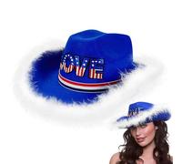 Generico Mens Cowboy Hat | Blue Western Hat with Feathers and Drawstring | Embroidered Love Pattern, Costume Accessories for Masquerade, Patriotic Day, Birthday