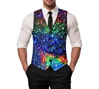 Generico Men's Sequin Vest V Neck Sequin Slim Fit Jacquard Floral Classic Men's Rainbow Sleeveless Disco Tank Top Sparkly Carnival, green, XL