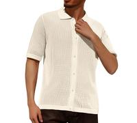 Generico Men's Short Sleeve Perforated Cool Breathable Summer Beach Shirts Comfortable Casual Hawaiian Shirts with Buttons Korean Work Daily Office Streetwear, beige, L