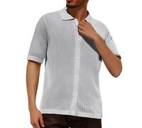 Generico Men's Short Sleeve Perforated Cool Breathable Summer Beach Shirts Comfortable Casual Hawaiian Shirts with Buttons Korean Work Daily Office Streetwear, silver, L