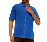 Generico Men's Short Sleeve Perforated Cool Breathable Summer Beach Shirts Comfortable Casual Hawaiian Shirts with Buttons Korean Work Daily Office Streetwear, blue, L