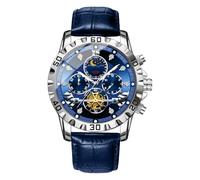 Generico Men's Watch, Waterproof Business Clock, 1.77 Inches Glowing Analog Display, Moon Phase Wristwear, with PU Leather Strap for Hiking, Sports, Mountaineering, Daily Work Use, Blue,