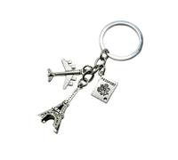 Generico Paris Keychain - Zinc Keychain with Eiffel Tower, Passport and Airplane - Unisex Gift for Travel Enthusiasts and City Lovers, Silver, XL