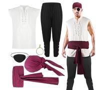 Genérico Pirate Costume - Set of 6 Pieces Medieval Renaissance Costume | Shirt Pants and Accessories | Halloween Carnival Cosplay Adult Clothing with Scarf Belt Patch