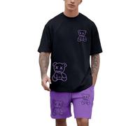 Genérico Short Pyjama Set Summer Pyjamas with Short-Sleeved T-Shirt and Round Neck and Shorts Men's Outdoor Loose Tracksuit with Funny Bear Print, berry, XXL