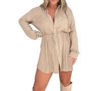 Generico Summer Dresses for Women UK Elegant Flowy & Lightweight Wedding Guest Dresses Cozy & Flowy Midi Empire Casual V Neck Pleated for Summer Seaside Vacations, Beach Walks,Island Trips Beige