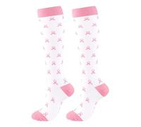 Generico Unisex Colorful Ribbon Sports Running Compression Socks | Breast Cancer Awareness Days for Womens Girls Unisex Awareness Theme Printed Mid Calf Casual Stocking Hose Sports Running White