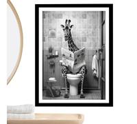 Genérico Wall Art - Giraffe Reading Newspaper Canvas Print, 30×40 Cm Frameless/Framed Black & White Artwork | Amusing Animal-Themed Wall Decor For Bathroom, Restroom, Home, Apartment