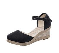 Generico Women's Espadrilles with Wedge - Closed Shoes Summer Round Toe, Ankle Strap, Linen Upper, Mid Wedge Heel, Red Beige, City Holiday, Stable Walking, Footwear, Black, 5 UK