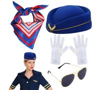 Genérico Women's Stewardess Costume | Attendant Hat Costume Satin Scarf Gloves,Cosplay Costume Accessories for Halloween Carnival