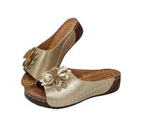 Generico Women's Summer Open Wedge Shoes - Clogs with 3D Flower Comfortable, gold, 10.5 UK