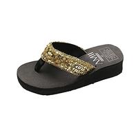 Generico Women's Wedge Flip Flops - Flip Flops Open Toe with Flower Slippers Non-Slip Sole Plastic Slide Lightweight Comfortable Flip Flop Beach Beach Sandals Summer Holiday Slippers, gold, 6 UK