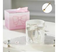 Générique 12oz Coffee Mug with Bow Handle - Pink Christmas Gift Ribbon Design Ceramic Cup (Pearl White + Spoon)