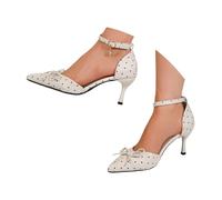 Générique 2026 Women High Heel Shoes Polka Dot Pattern Bow Tie Open Toe Square Heel 7cm for Wedding Party Evening, white, 4 UK