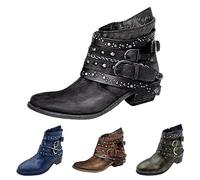 Générique American Cowboy Leather Boots, Women's Leather Square Heel Boots, Gothic Boots, Pointed Low Shoe With Buckle Strap Western Vintage Ankle Boots, 35-43, blue, 6 UK