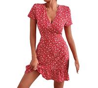 Générique Beach Dress Women Mini Dress Short Sleeve/Sleeveless V Neck 2025 Beige Woman Cotton Summer, Red-1, M