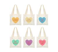 Générique Canvas Bag - 15 x 15 x 1 cm | 6 Pieces Mini Heart Conversation Valentine's Day Handbag | Heart Shaped Bags for Women, Girlfriend, Wife, School, Travel, Beach, Shopping, Party