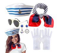Générique Costume Captain Yacht Costume - Adult Set Hat Scarf Buckle Gloves - 5x Nautical Outfit for Mardi Gras Marri Christmas Summer