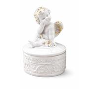 Générique Decorative White and Gold Polyresin Angel Box with Lid, Arabesque Design, 5.8cm Diameter x 9.2cm Height (Thoughtful Angel)