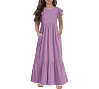 Générique Dress for Girls Kids Short Sleeve Round Neck Ruffle A-Line Loose Elegant Long Dress Summer Pleated A-Line Dresses Cute Solid Color Party Birthday Wedding (Purple, 10-11 Years)