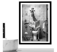 Générique Giraffe Decorative Wall Art on Canvas | Funny Black And White Canvas Picture | Decorative Poster Giraffe Reading A Journal In The Toilet - For Home Bathroom And Toilet Hotel