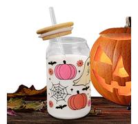 Générique Halloween Glasses with Lids and Straws - Patterned and Ghost Glass Mug, 400ml Cute Glasses and Mugs Tumbler for Ice Coffee with Lids - Halloween Party