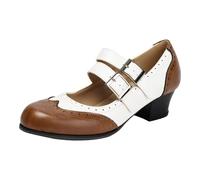 Générique Heels Oktoberfest Women's Block Heel Double Straps Buckle Brogue Pattern Two-Tone Traditional Bavarian Style Wedding Party Beer Comfortable Non-Slip Soft Sole, Brown, 6 UK