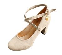 Générique Heels Women's Ankle Strap Heels Block Heels Sandals Women's Chic Elegant High Heel with Cross Strap and Closed Toe for Weddings and Parties, A Beige, 8 UK