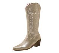 Générique High Heel Boots for Women - Boots Long Shaft Casual Boots High Women's Square Heel Boots Wide Calf Outdoor Shoes Chic and Elegant Flat Shoes, gold, 4 UK