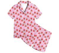 Générique Kids Girls Teen Short Sleeve Pyjama Set and Shorts Strawberry Print for Kids Boys and Girls Princess Dress Girl Dresses, Pink, 8-9 ans